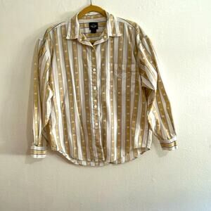 Dockers 100% Cotton Long Sleeve White Camel Navy Stripe Pattern Blouse Size M